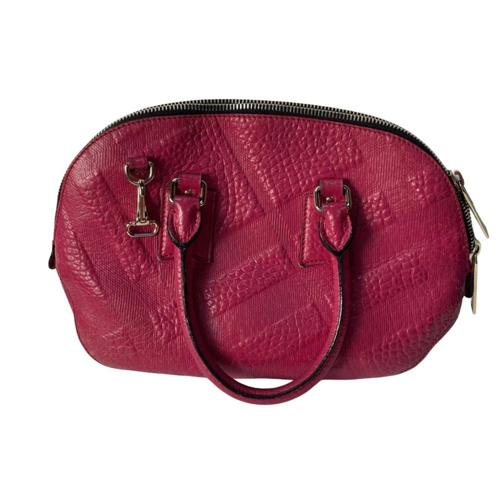 Burberry Vtg Magenta Pink Pebbled Leather Embossed Stripe Satchel Dome Handbag - Picture 3 of 6